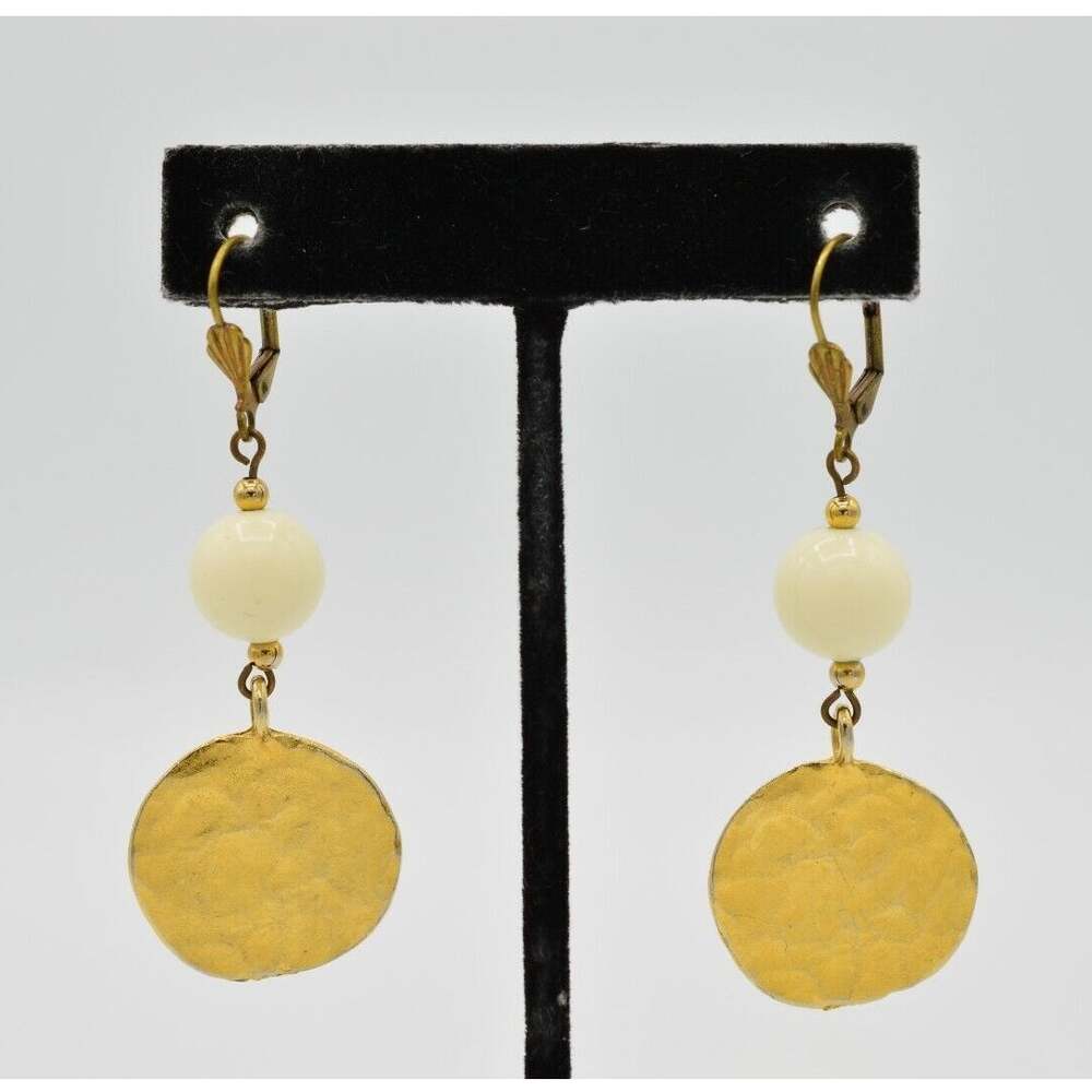 Kenneth Lane Vintage Earrings Dangle Beads Brushed Gold Coin KJL Signed 1980s 9H